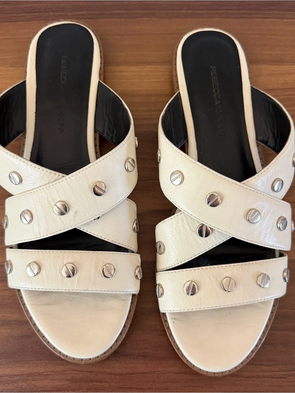 Rebecca Minkoff Ivory Leather Studded Slide Sandals